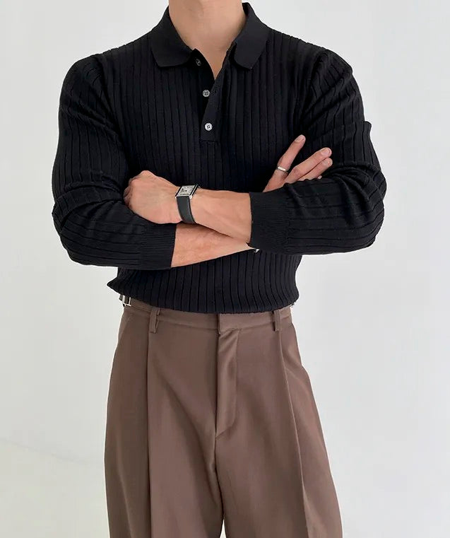 Ribbed Long Sleeve Polo - Black