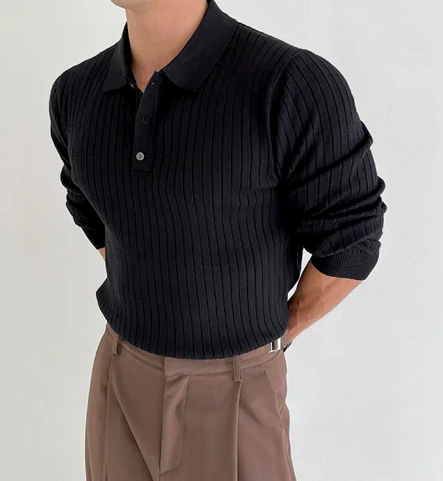 Ribbed Long Sleeve Polo - Black
