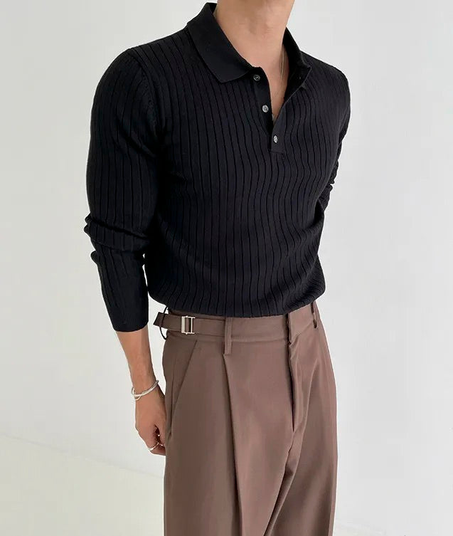 Ribbed Long Sleeve Polo - Black
