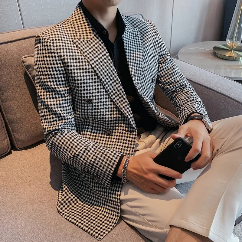 Slim Fit Double Breasted Dogtooth Blazer