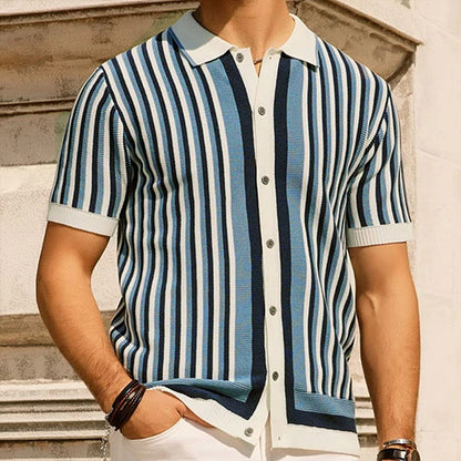 Blue and White Button-Down Striped Polo Shirt