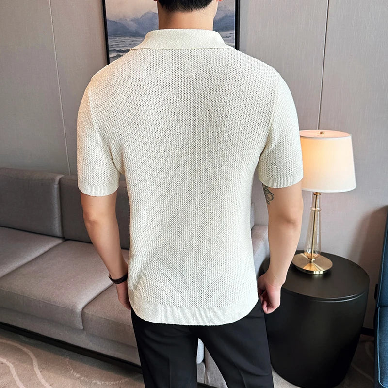 Men Knitted Polo Shirt 2024 Summer Light and Thin Solid Color Casual Elastic Slim Fit Short Sleeved V-Neck T-Shirt Men Clothing