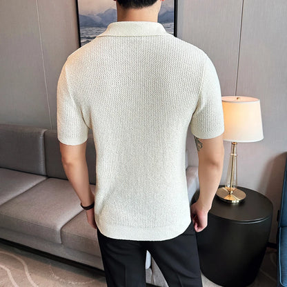 Men Knitted Polo Shirt 2024 Summer Light and Thin Solid Color Casual Elastic Slim Fit Short Sleeved V-Neck T-Shirt Men Clothing