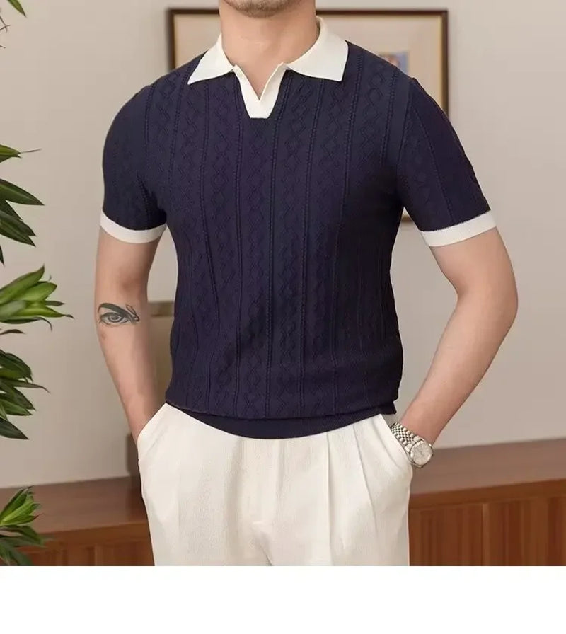 Summer Breathable Italian Style Color Block Men'S Polo Shirt Vlapel Elastic Jacquard Texture Slim Fit Knit Short Sleeves Scene