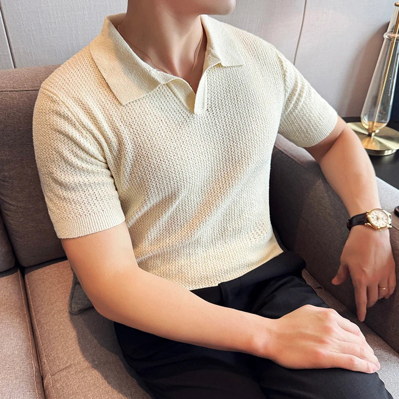 Men Knitted Polo Shirt 2024 Summer Light and Thin Solid Color Casual Elastic Slim Fit Short Sleeved V-Neck T-Shirt Men Clothing