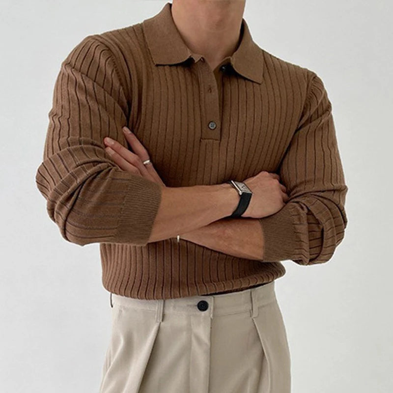 Men'S Leisure Knit Polo Shirt Long Sleeve Button-Down Premium Luxury Solid Color Popular Pullover Knitwear Streetwear Clothing