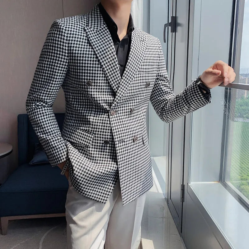 Slim Fit Double Breasted Dogtooth Blazer