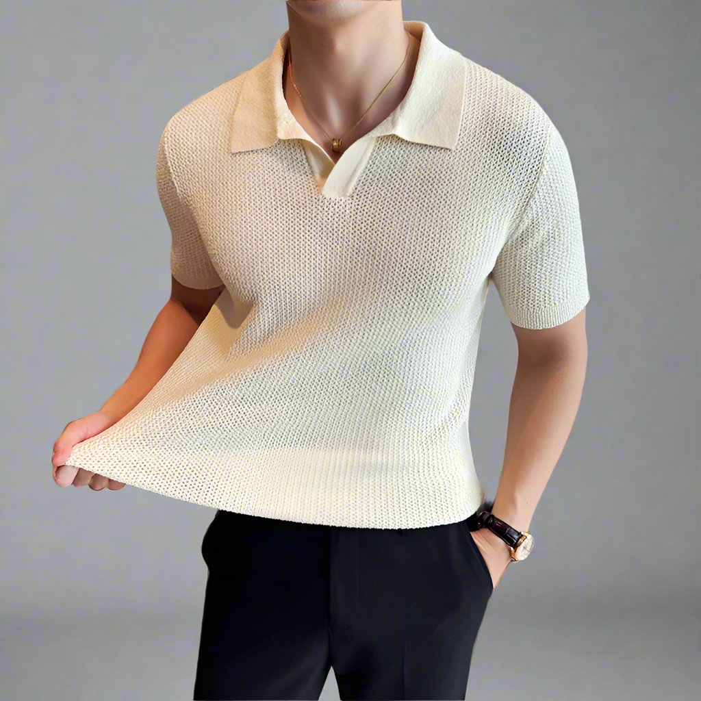 Men Knitted Polo Shirt 2024 Summer Light and Thin Solid Color Casual Elastic Slim Fit Short Sleeved V-Neck T-Shirt Men Clothing