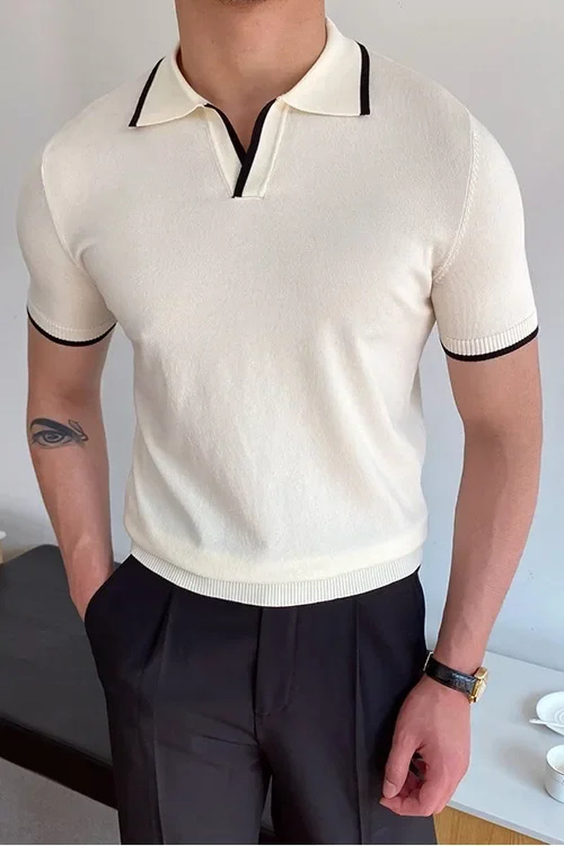 Slim-Fit Buttonless Polo Shirt in Navy and White 