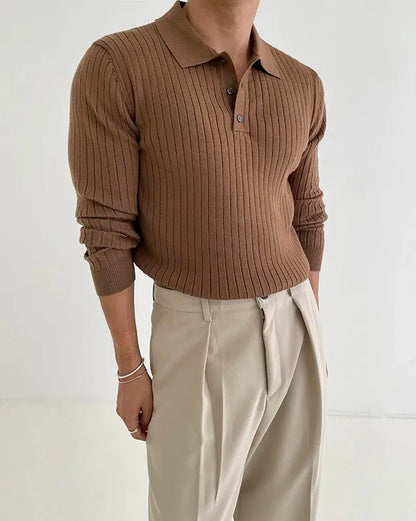 Ribbed Long Sleeve Polo - Brown