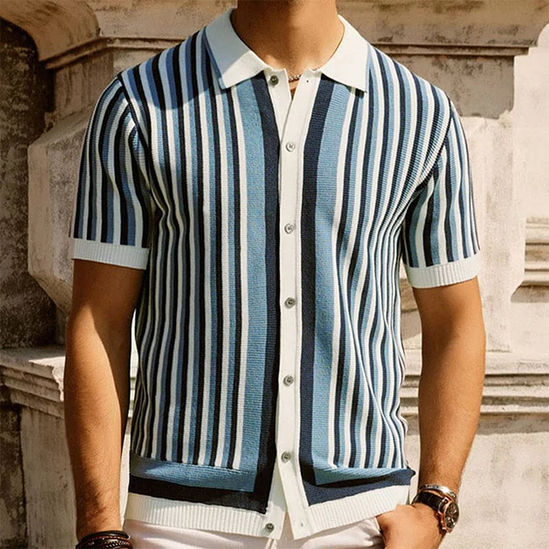 Blue and White Button-Down Striped Polo Shirt