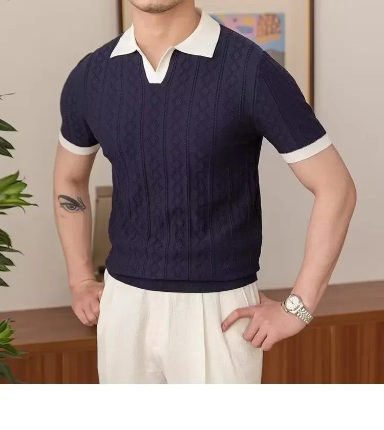 Two Tone Textured Polo Shirt - Navy