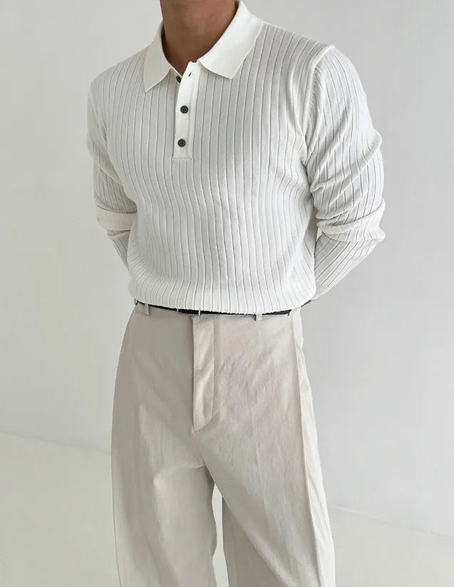 Ribbed Long Sleeve Polo - Brown