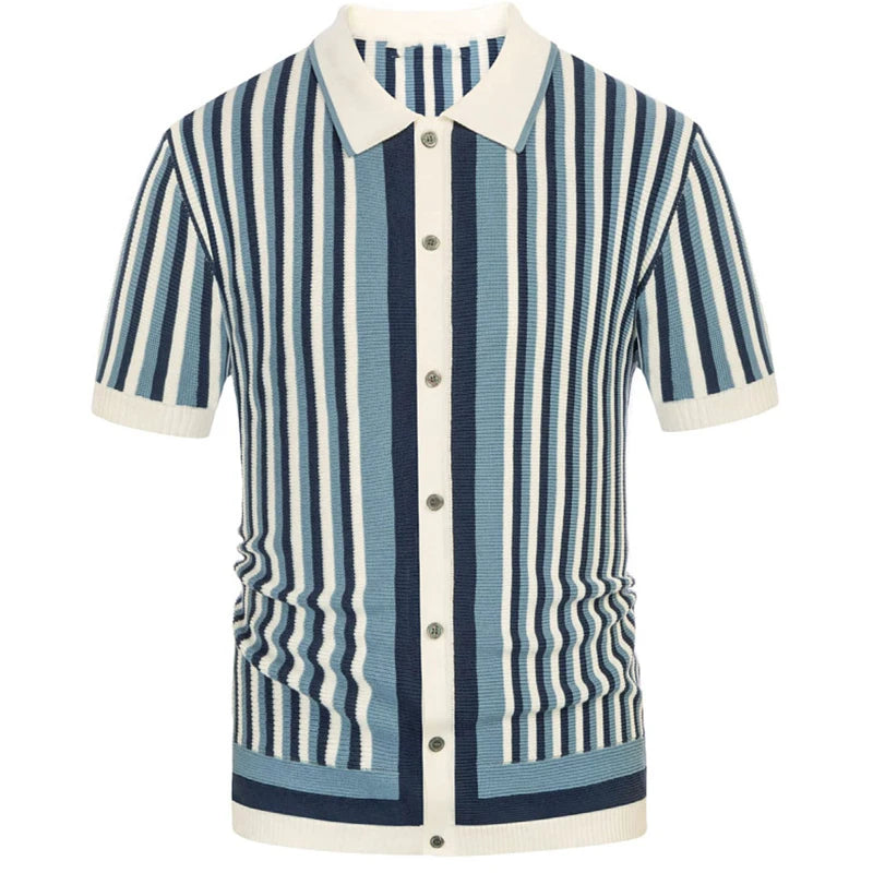 Blue and White Button-Down Striped Polo Shirt