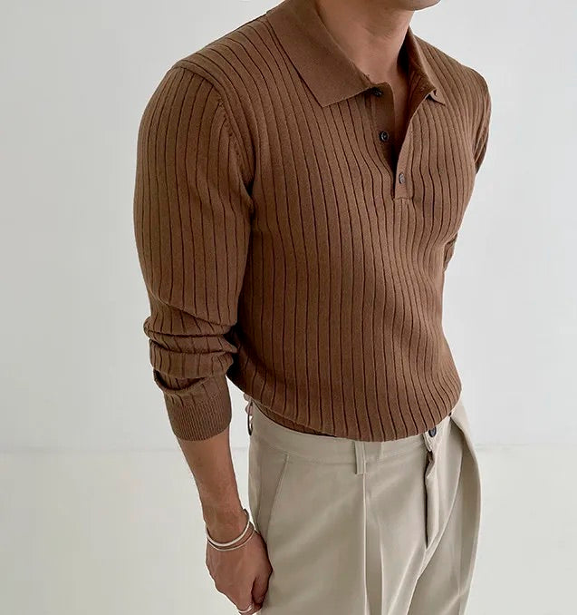 Ribbed Long Sleeve Polo - Brown