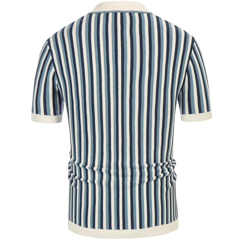 Blue and White Button-Down Striped Polo Shirt