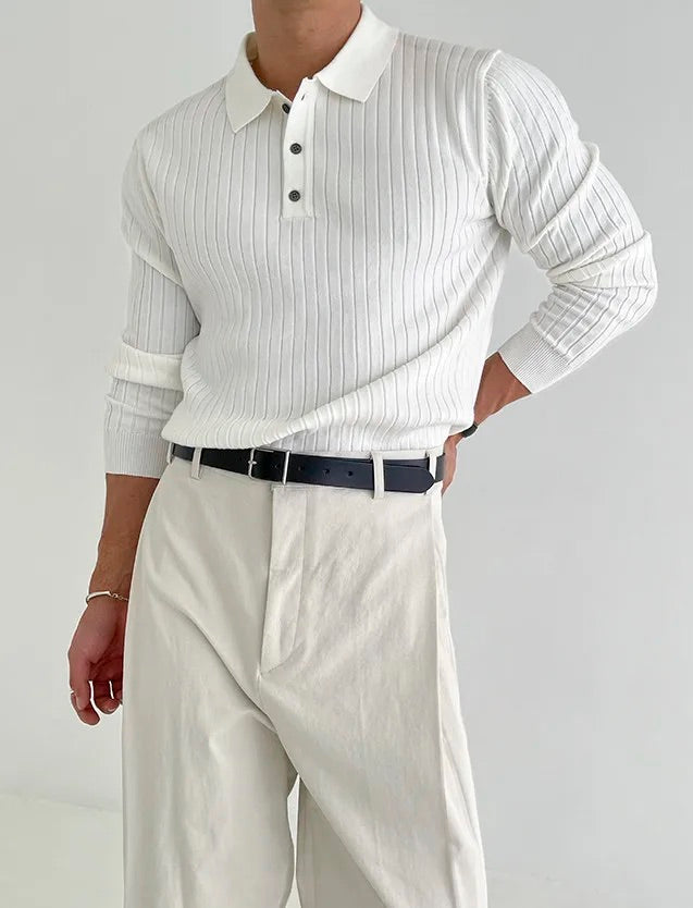 Ribbed Long Sleeve Polo - Brown