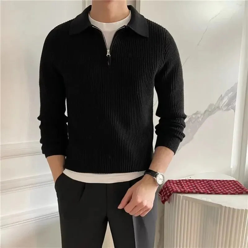 Loose Knitted Sleeveless Shirt Men Polo Half Zipper Autumn Winter Season Wide Sweater T-Shirt Black White