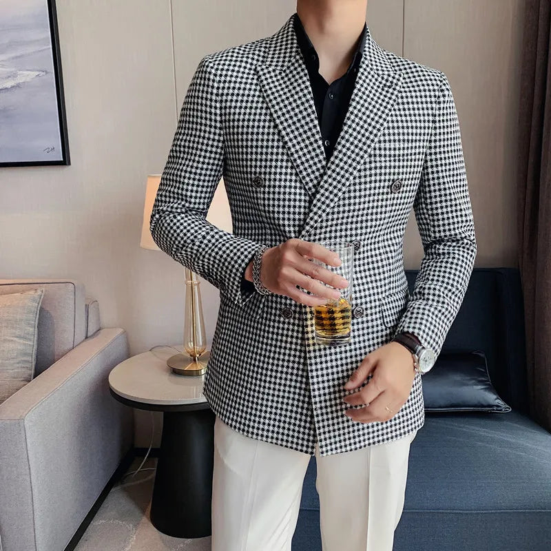 Slim Fit Double Breasted Dogtooth Blazer