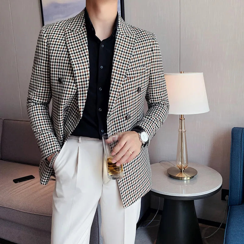Slim Fit Double Breasted Dogtooth Blazer