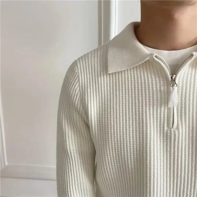 Loose Knitted Sleeveless Shirt Men Polo Half Zipper Autumn Winter Season Wide Sweater T-Shirt Black White